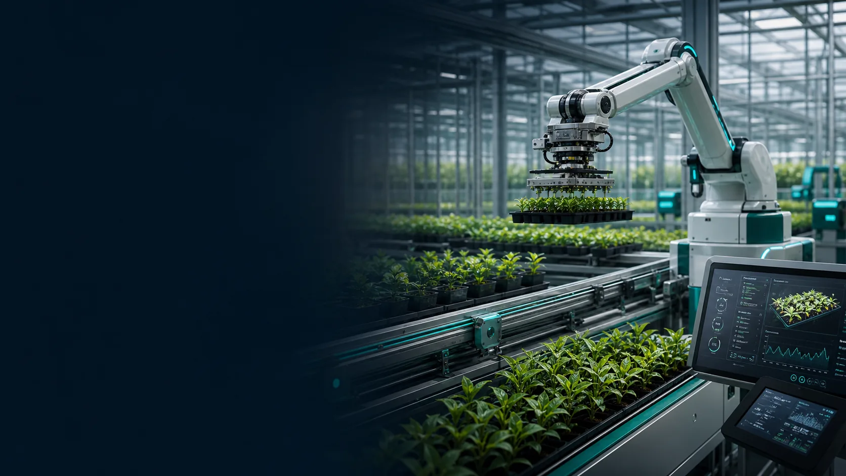 Clean horticultural machinery workshop with modular automation equipment and plant trays.